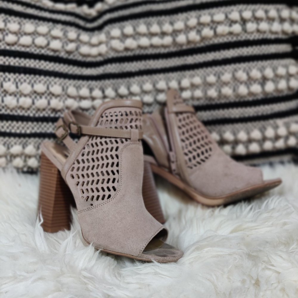 Kessie Taupe Laser Cut Out Peep Toe Suede Ankle Bootie